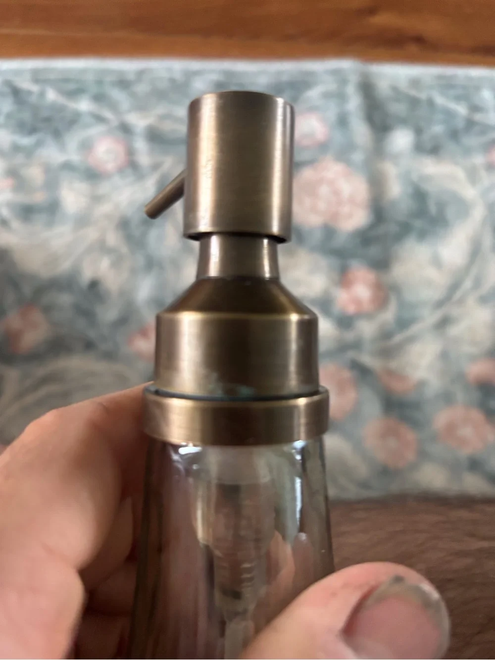 Pair of Ribbed Glass Soap Dispensers with Brass-Tone Pumps